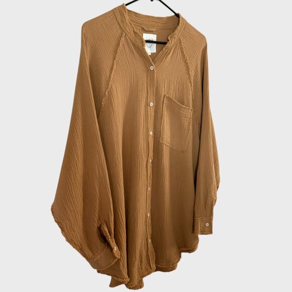 Aerie American Eagle Shirt Tan Women's Medium Crinkle Gauze Button-Up Cotton Top - Picture 3 of 11